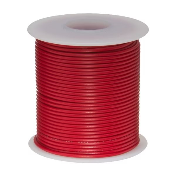 30 AWG Gauge Stranded Hook Up Wire, 25 ft Length, Red, 0.0100 Diameter, PTFE, 600 Volts, Remington Industries, Mfr#: 30PTFESTRRED25
